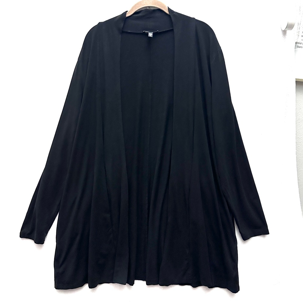 Eileen Fisher L Open Front Long Cardigan Pockets Black Tencel Lyocell Large